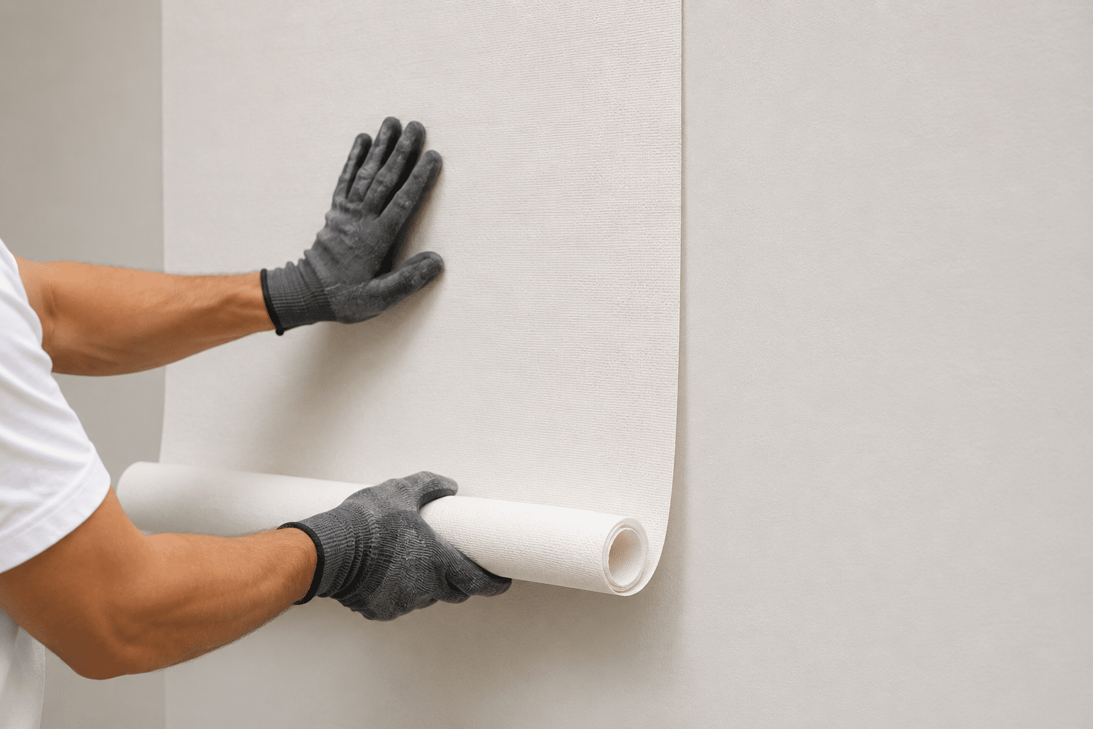 Glattvlies wird an Wand geklebt